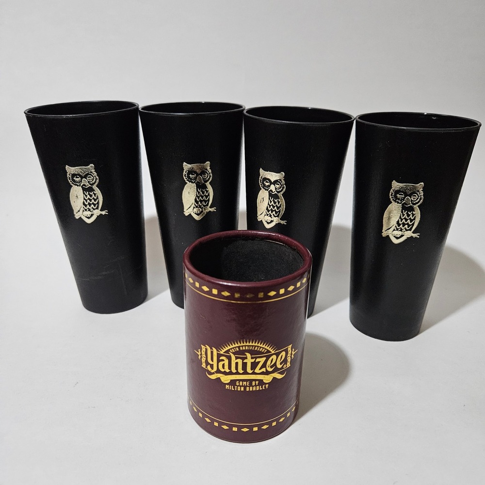 Milton Bradley 40th Anniversary Yahtzee Cup & Vintage Gold Owl Tumblers Set